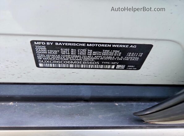 5UXCR6C06M9E85605 2021 BMW X5 White Widok naklejki z numerem VIN