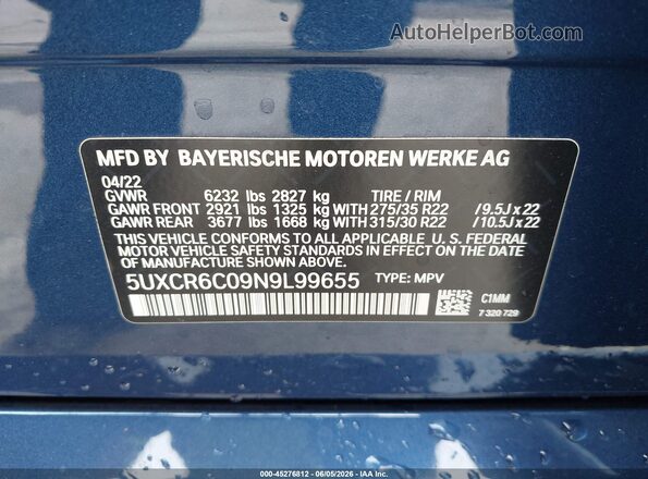 5UXCR6C09N9L99655 2022 BMW X5 Dark Blue Vista del compartimento del motor