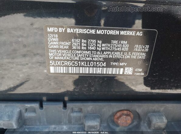 5UXCR6C51KLL01504 2019 BMW X5 Black Vista del compartimento del motor