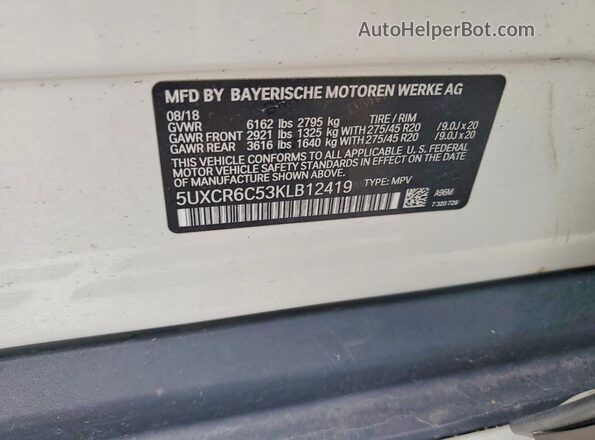 5UXCR6C53KLB12419 2019 BMW X5 White Вид наклейки з VIN-кодом