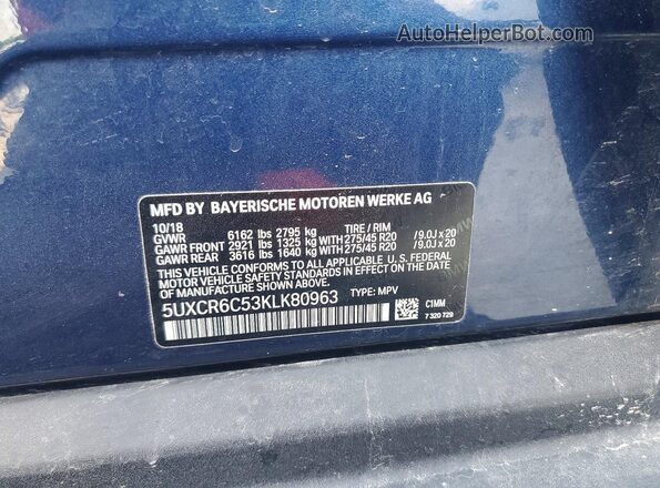 5UXCR6C53KLK80963 2019 BMW X5 Blue VIN კოდის სტიკერის ხედი