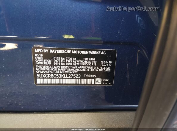 5UXCR6C53KLL27523 2019 BMW X5 Blue Vista del compartimento del motor