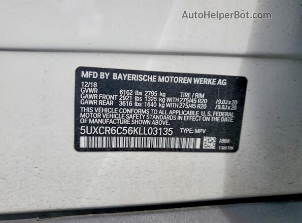 5UXCR6C56KLL03135 2019 BMW X5 White 