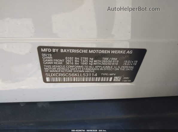 5UXCR6C56KLL53114 2019 BMW X5 White Շարժիչի բաժամունքի տեսք