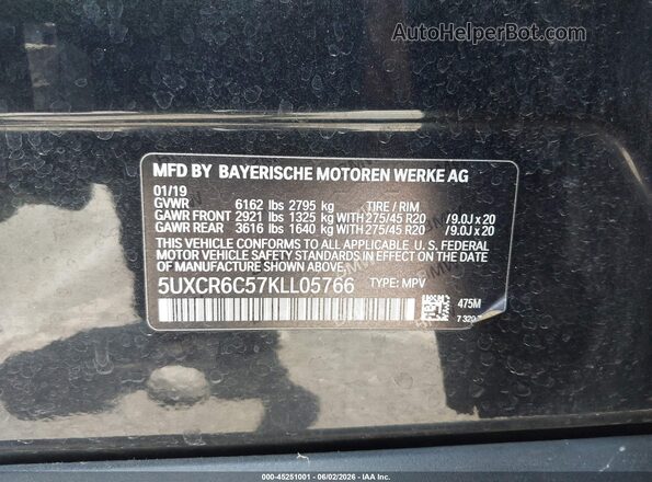 5UXCR6C57KLL05766 2019 BMW X5 Black Vista del compartimento del motor