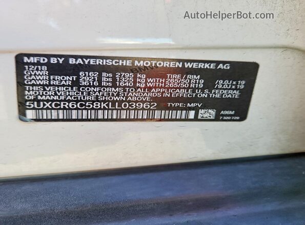 5UXCR6C58KLL03962 2019 BMW X5 White VIN კოდის სტიკერის ხედი