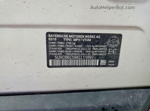 5UXCR6C58KLL11897 2019 BMW X5 White VIN sticker view