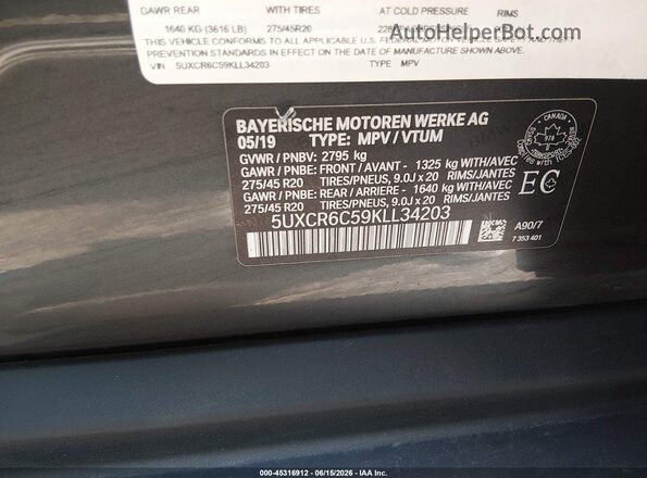 5UXCR6C59KLL34203 2019 BMW X5 Gray Vista del compartimento del motor