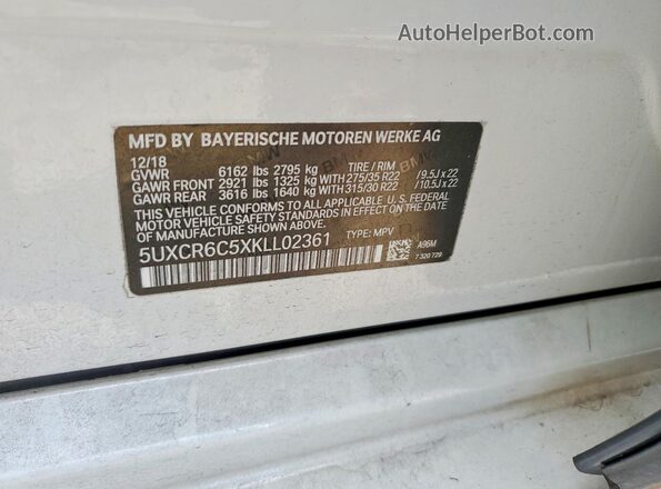 5UXCR6C5XKLL02361 2019 BMW X5 Белый Вид наклейки с VIN-кодом