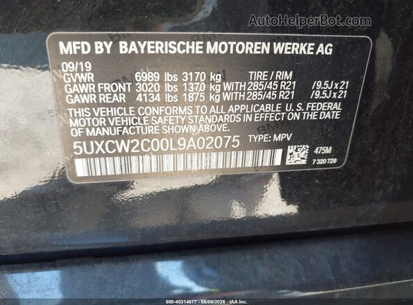 5UXCW2C00L9A02075 2020 BMW X7 Black Vista del compartimento del motor
