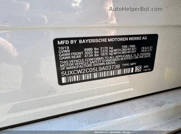 5UXCW2C05L9A03738 2020 BMW X7 White Widok komory silnika