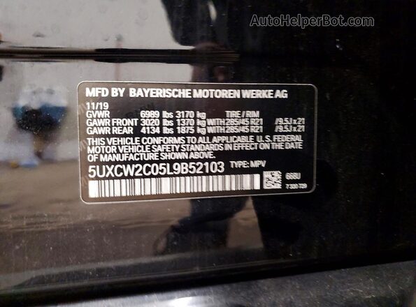 5UXCW2C05L9B52103 2020 BMW X7 Black Vista de la etiqueta del VIN