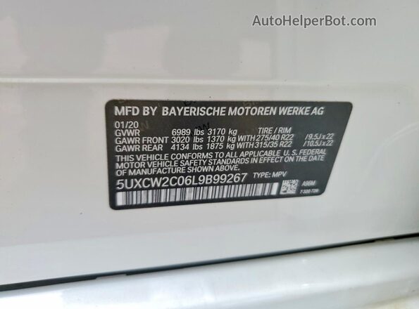 5UXCW2C06L9B99267 2020 BMW X7 White Vista de la etiqueta del VIN