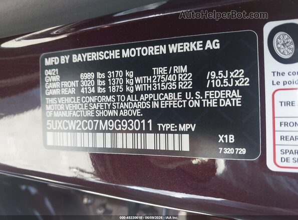 5UXCW2C07M9G93011 2021 BMW X7 Purple ძრავის განყოფილების ხედი