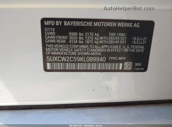 5UXCW2C59KL089940 2019 BMW X7 White Vista del compartimento del motor