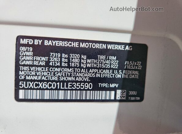 5UXCX6C01LLE35590 2020 BMW X7 White VIN sticker view