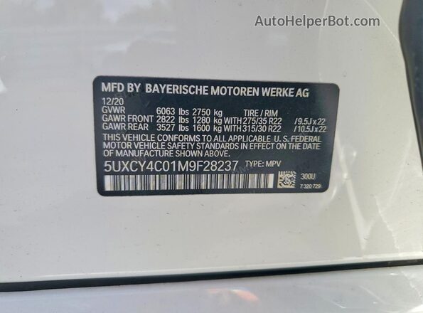 5UXCY4C01M9F28237 2021 BMW X6 White Vista de la etiqueta del VIN