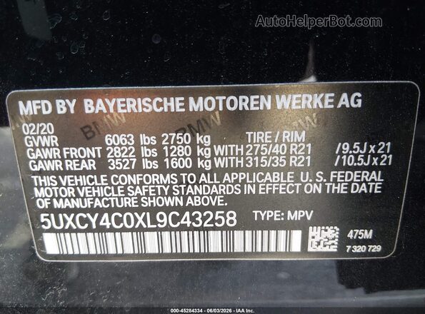 5UXCY4C0XL9C43258 2020 BMW X6 Black Вид підкапотного простору