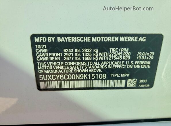 5UXCY6C00N9K15108 2022 BMW X6 White 
