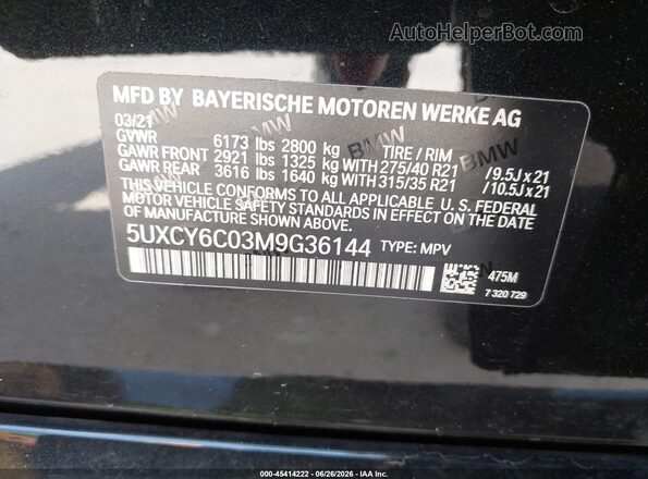 5UXCY6C03M9G36144 2021 BMW X6 Black Вид підкапотного простору