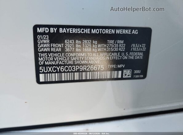 5UXCY6C03P9R26675 2023 BMW X6 White ძრავის განყოფილების ხედი