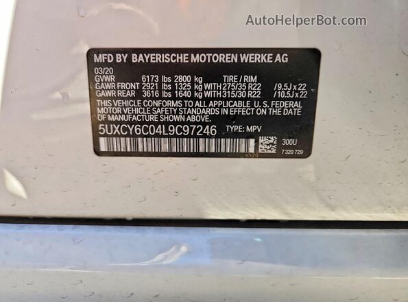 5UXCY6C04L9C97246 2020 BMW X6 White Widok naklejki z numerem VIN