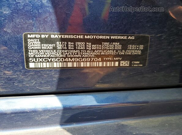 5UXCY6C04M9G69704 2021 BMW X6 Blue 