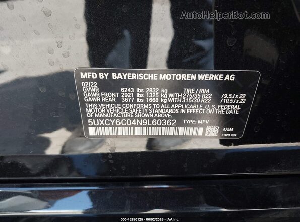 5UXCY6C04N9L60362 2022 BMW X6 Black 