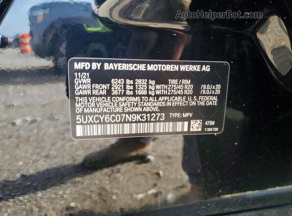 5UXCY6C07N9K31273 2022 BMW X6 Black VIN sticker view