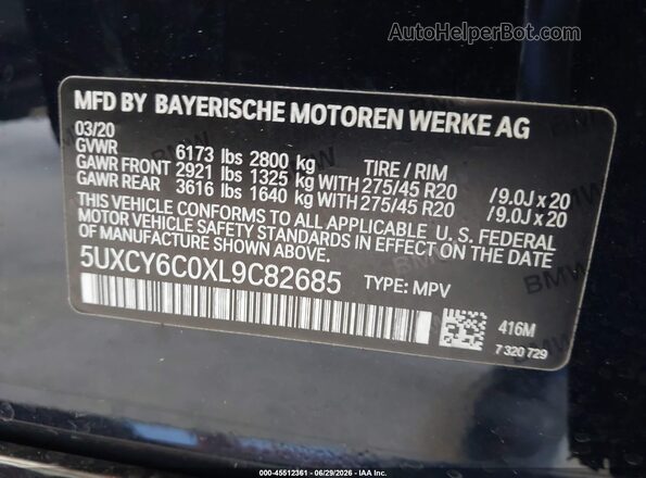 5UXCY6C0XL9C82685 2020 BMW X6 Black Շարժիչի բաժամունքի տեսք