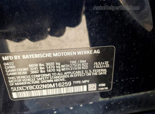5UXCY8C02N9M16259 2022 BMW X6 Black Вид наклейки з VIN-кодом