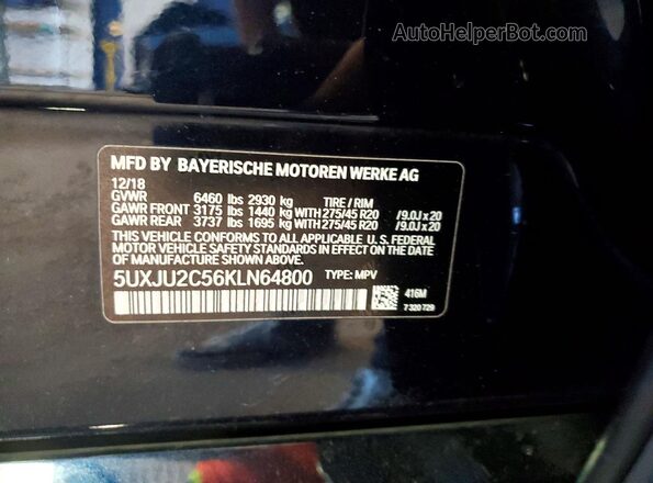 5UXJU2C56KLN64800 2019 BMW X5 Blue Вид наклейки з VIN-кодом