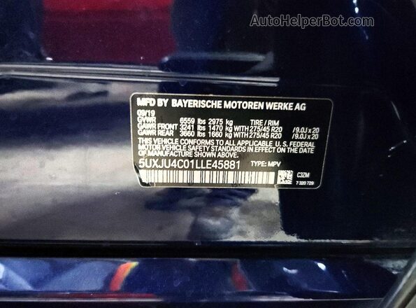 5UXJU4C01LLE45881 2020 BMW X5 Blue Vista de la etiqueta del VIN