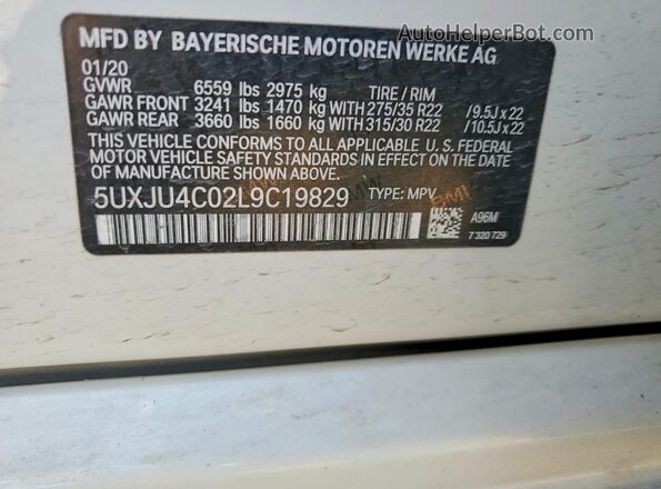 5UXJU4C02L9C19829 2020 BMW X5 White VIN კოდის სტიკერის ხედი