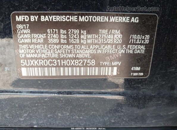 5UXKR0C31H0X82758 2017 BMW X5 Black Вид підкапотного простору
