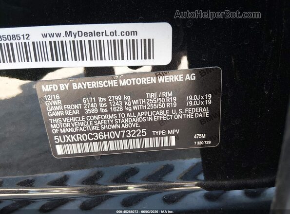 5UXKR0C36H0V73225 2017 BMW X5 Black Engine compartment view