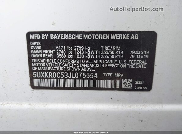 5UXKR0C53JL075554 2018 BMW X5 White ძრავის განყოფილების ხედი