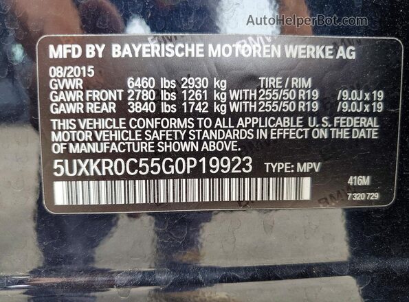 5UXKR0C55G0P19923 2016 BMW X5 Blue Vista de la etiqueta del VIN