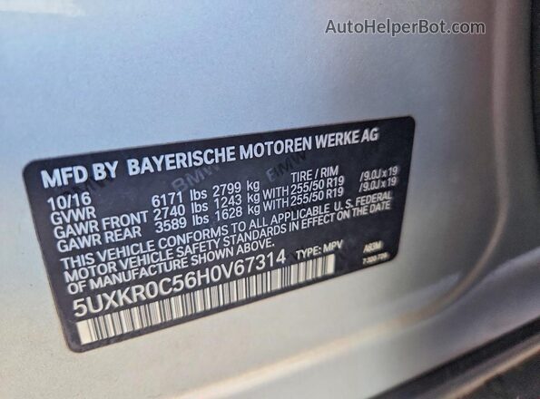 5UXKR0C56H0V67314 2017 BMW X5 White VIN sticker view