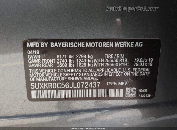 5UXKR0C56JL072437 2018 BMW X5 Black ძრავის განყოფილების ხედი
