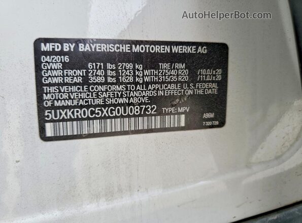 5UXKR0C5XG0U08732 2016 BMW X5 White Vista de la etiqueta del VIN