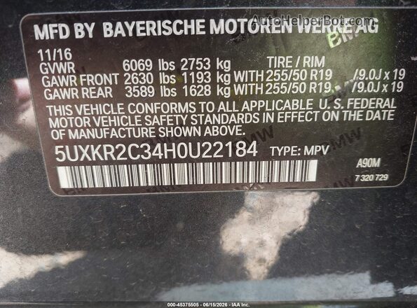 5UXKR2C34H0U22184 2017 BMW X5 Black ძრავის განყოფილების ხედი