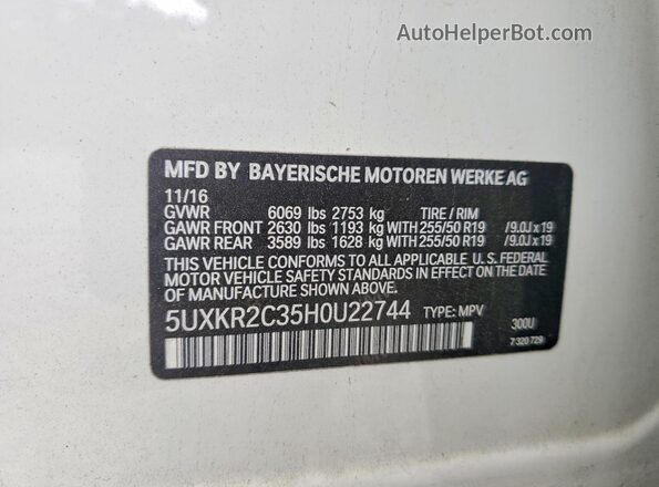 5UXKR2C35H0U22744 2017 BMW X5 White Вид наклейки з VIN-кодом