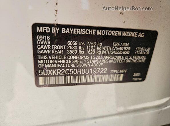 5UXKR2C50H0U19722 2017 BMW X5 White VIN კოდის სტიკერის ხედი