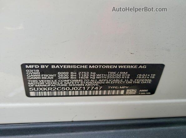5UXKR2C50J0Z17747 2018 BMW X5 White Вид наклейки з VIN-кодом