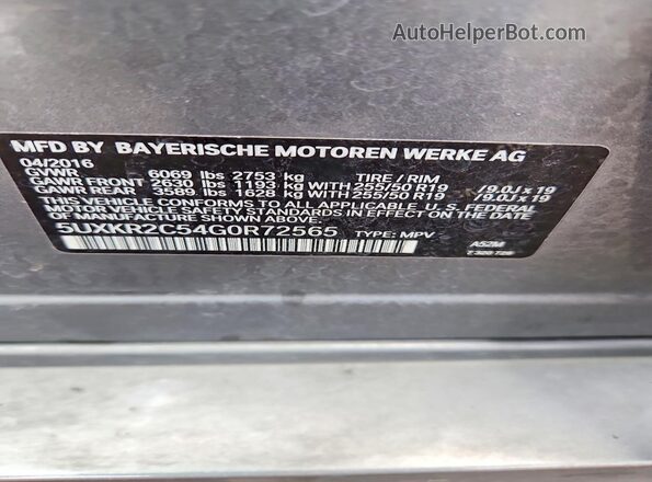 5UXKR2C54G0R72565 2016 BMW X5 Silver Вид наклейки з VIN-кодом