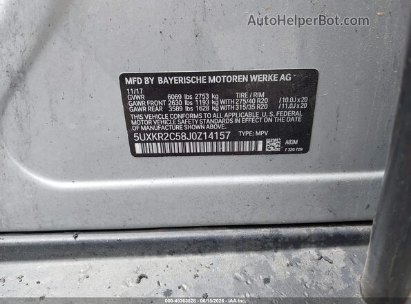5UXKR2C58J0Z14157 2018 BMW X5 Silver ძრავის განყოფილების ხედი