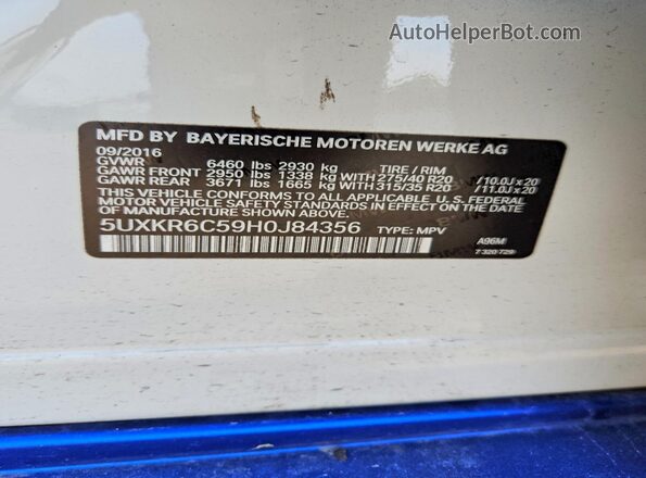 5UXKR6C59H0J84356 2017 BMW X5 Blue Widok naklejki z numerem VIN