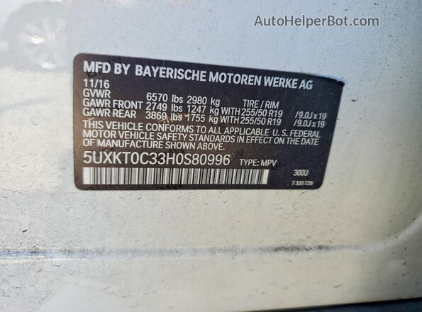5UXKT0C33H0S80996 2017 BMW X5 White 