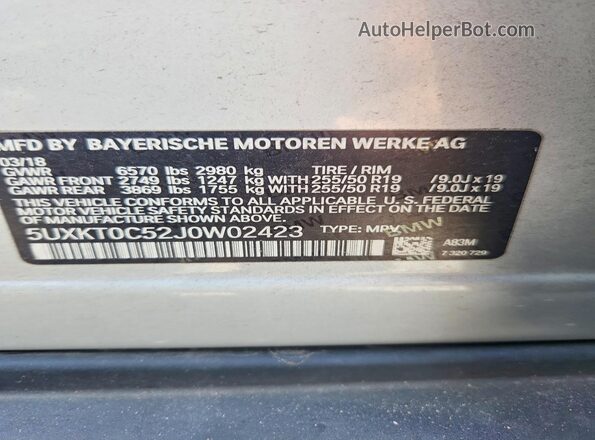 5UXKT0C52J0W02423 2018 BMW X5 Silver 